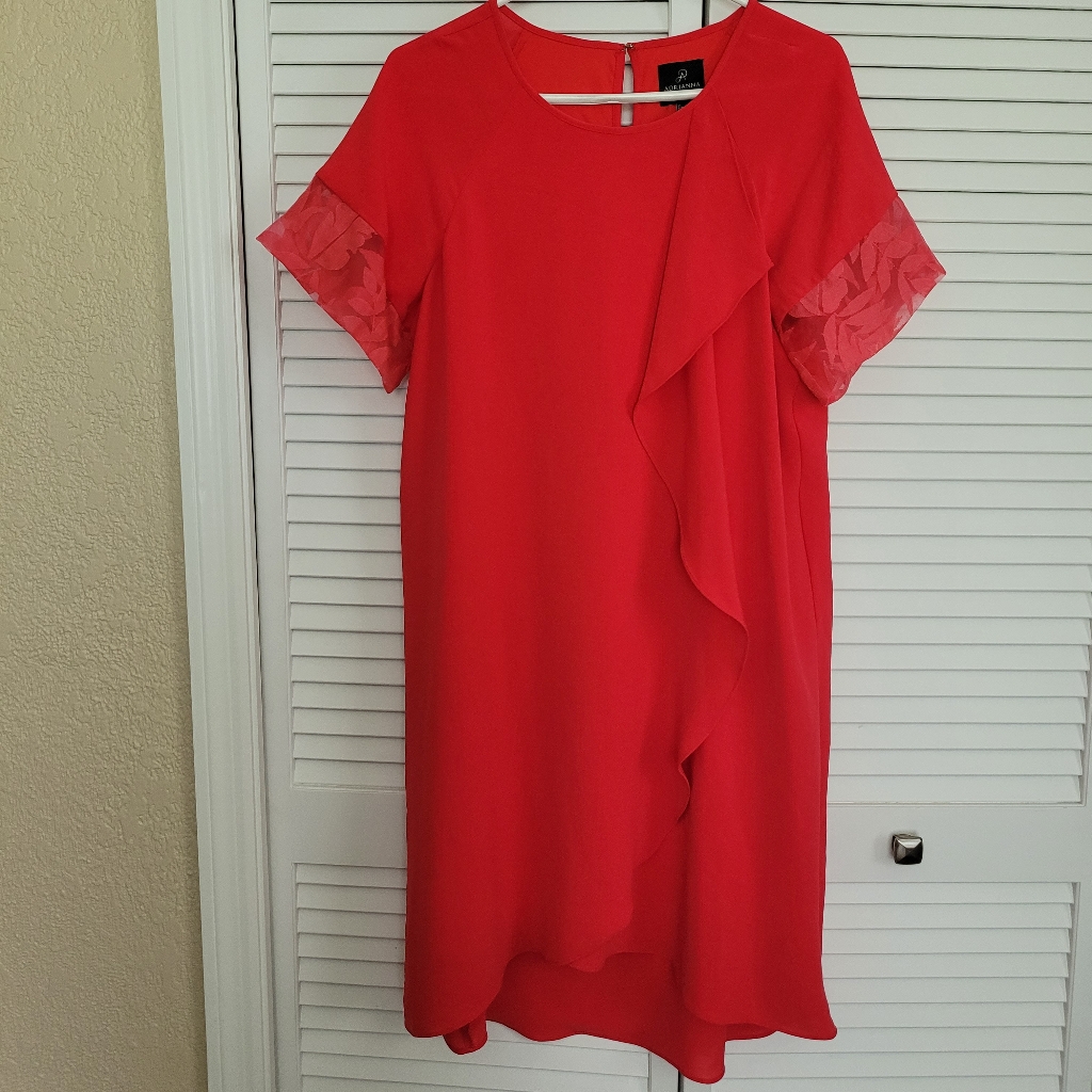 Adrianna Papell Womens Sz 12 Corkscrew Drape Red Ruffled Crepe Hi-Lo Shift Dress